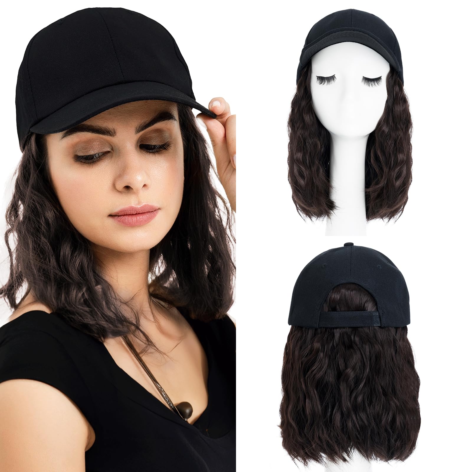 8 Inch Baseball Cap With Hair Extensions BOB Synthetic Hair With Attached Black Hat With One Piece Hair Extensions For Women - Dark Brown — image 1