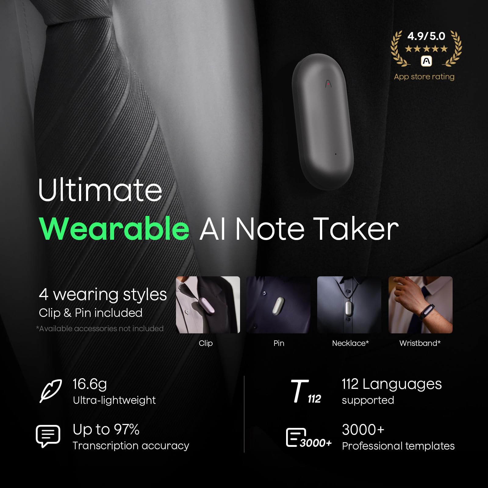 Plaud NotePin Voice Recorder, AI Voice Recorder, App Control, AI Notetaker, AI Transcribe & Summarize, Support 112 Languages, 64GB Memory, Audio Recorder for Lectures, Meetings, Cosmic Gray