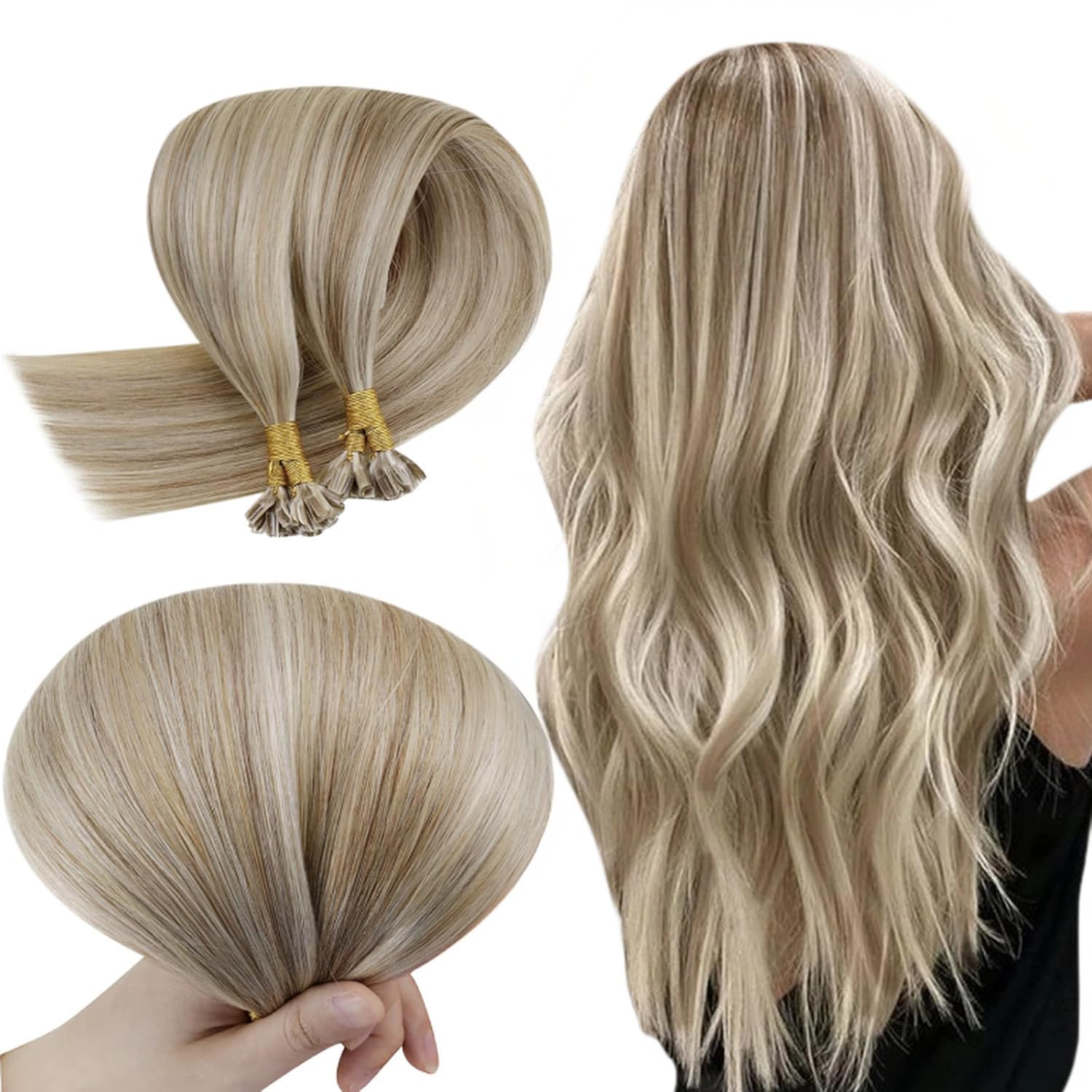 RUNATURE U Tip Hair Extensions Human Hair Blonde Highlight Brown Keratin U Tip Human Hair Extensions Blonde Nail U Tipped Extensions 14 Inch 50 Gram โ image 1