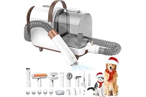 Bunfly Dog Grooming Kit, 3L Large Capacity Dust Cup, 13000Pa Strong Grooming & Vacuum Suction 99.99% Pet Hair, 11 Pet Grooming Tools for Dogs Cats, Quiet Pet Vacuum Groomer (Brown&White)