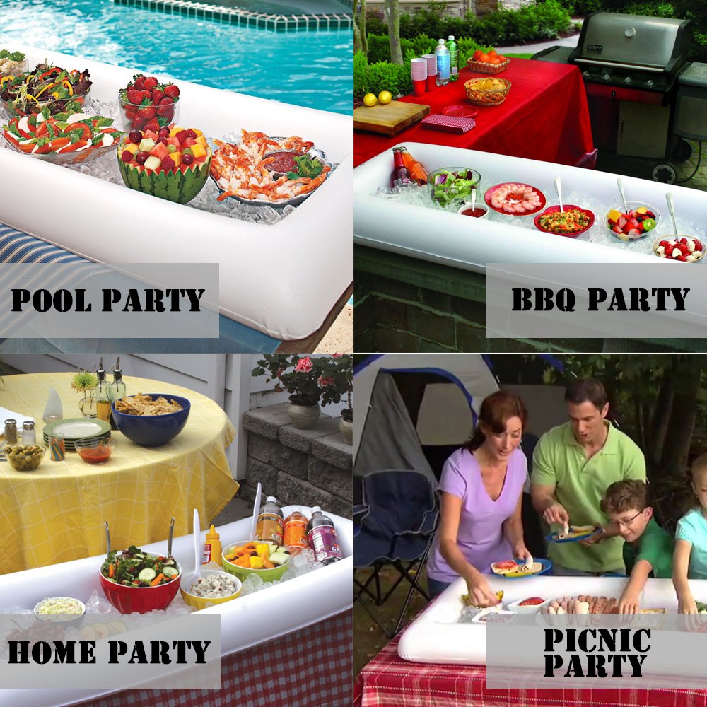 Cheflikes 2Pcs Inflatable Serving Bar | Large Size Food & Drink Holder | Lightweight Portable Serving Tray With Drain Plug | Suitable For BBQ, Pool Party, Picnic & Camping | Dimensions 51”x24”x4.5”