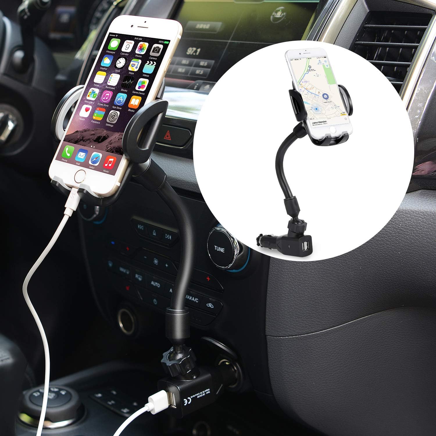 Car Phone Mount, 3-In-1 Cigarette Lighter Car Mount Charger Universal Phone Holder for Car Compatible with IPhone X 8 8 Plus 7 7 Plus Se 6s 6 Plus 6 5s 5 Galaxy S6 S5 S4 LG Nexus Sony Nokia Huawei etc