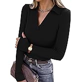 LOMON Womens Pullover Sweaters Y2K Going Out Tops Deep V Neck Polo Shirt Thumb Holes Ribbed Long Sleeve Tops for Women