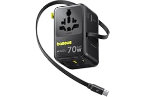 Baseus 70W Universal Travel Adapter with Retractable Cable, 6-in-1 International Plug Adapter, USB-C PD Fast Charging Worldwide Wall Charger for USA/EU/UK/AUS and Over 200 Countries - Enercore CG11