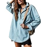 chouyatou Women's Distressed V Neck Denim Jackets Boyfriend Loose Fit Bussiness Casual Jean Pullover Tops