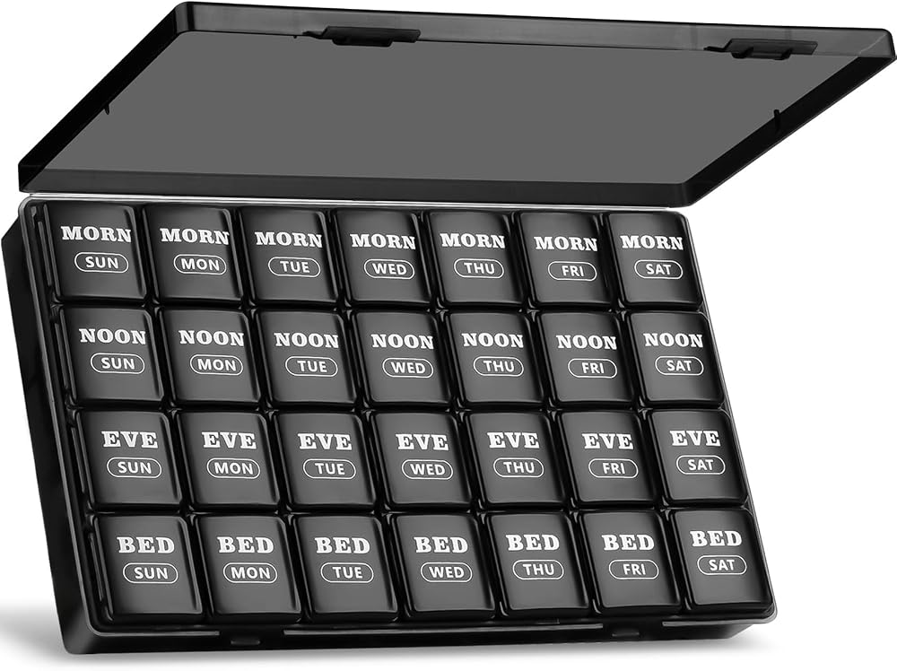 Mossime XL 7 Day Pill Box 4 Times a Day Large 28 Compartments Black