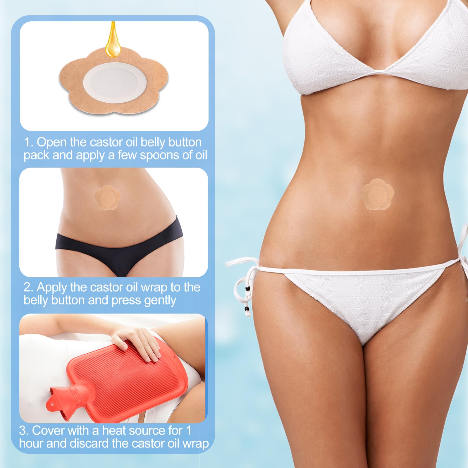 60 Pcs Plum Blossom Castor Oil Pack Wrap for Belly Button, Self-Adhesive Disposable Spunlace Cloth Castor Oil Belly Button Patch with Cotton, Oils Not Included (Skin Color)