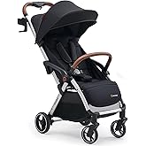 Babideal Lightweight Travel Stroller for Baby, Self-Folding Toddler Stroller with Large Canopy, One-Hand Operated Reclining Seat, Cup Holder Included - Newborn to 50lbs. (Black)