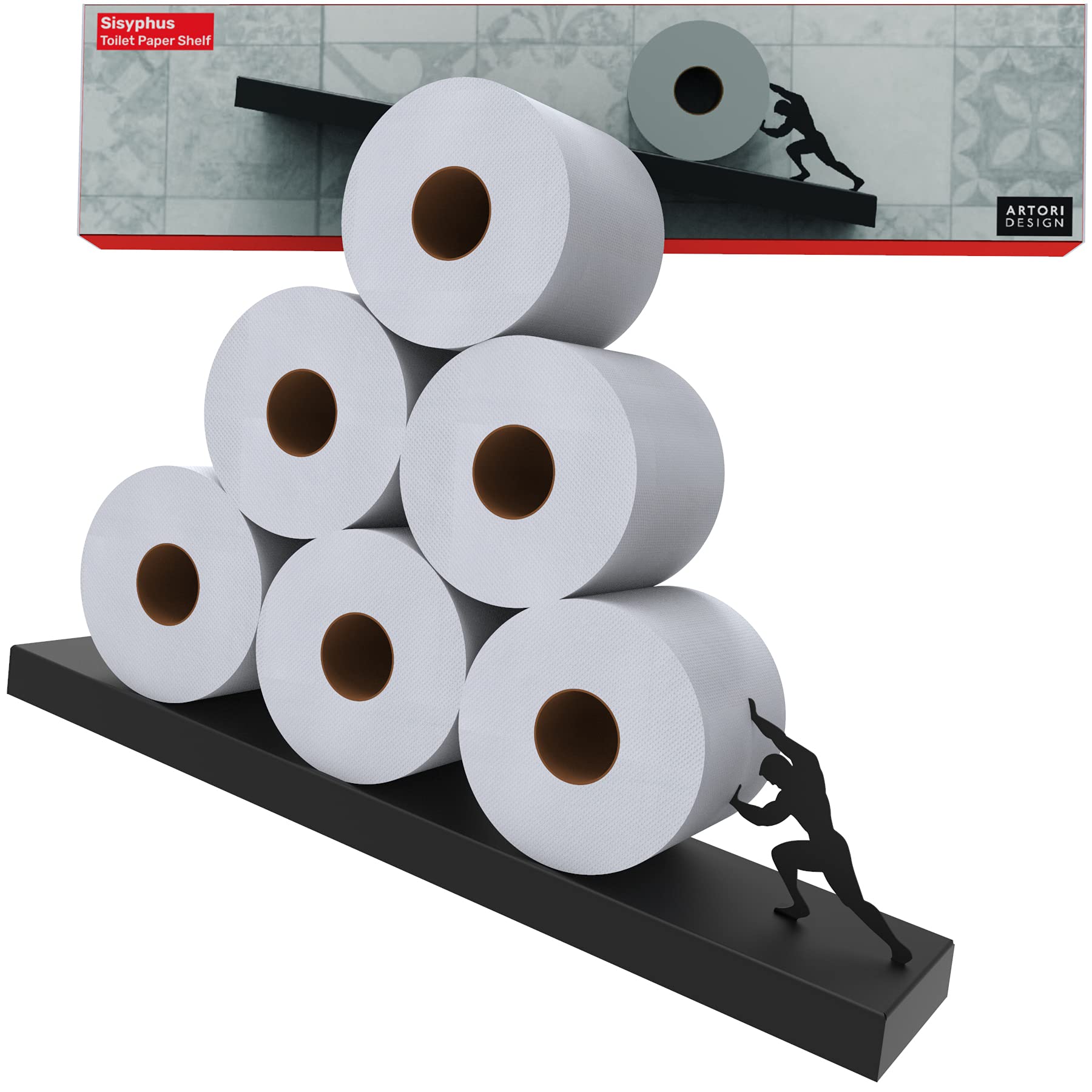 Floating Shelf Toilet Paper Holder - Tilted Matte Black Toilet Paper Roll Holder for Easy Bathroom Storage - Modern Wall Mount Organizer for Rolls Tissues or Towels Above Sink or Over Toilet