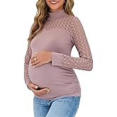 Yousify Women's Lace Long Sleeve Maternity Shirts Mock Neck Slim Fit Tunic Tops Ruched Eyelet Pregnancy Clothes