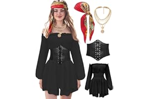 Women Pirate Costume Dress with Corset Accessories Long Sleeve Romper Short Off Shoulder Dress