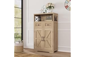 BEFRASES Natural Style Storage Cabinet with Drawers and Shelves, Standing Kitchen Pantry Cabinet, Floor Storage Cabinet Hutch Cupboard, Coffee Bar Cabinet Station for Dining/Living Room/Home Office