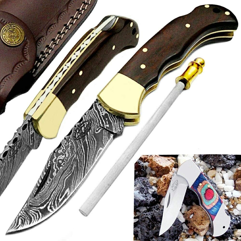 Pocket Knife Rose Wood 6.5'' Handmade Damascus Steel Pocket