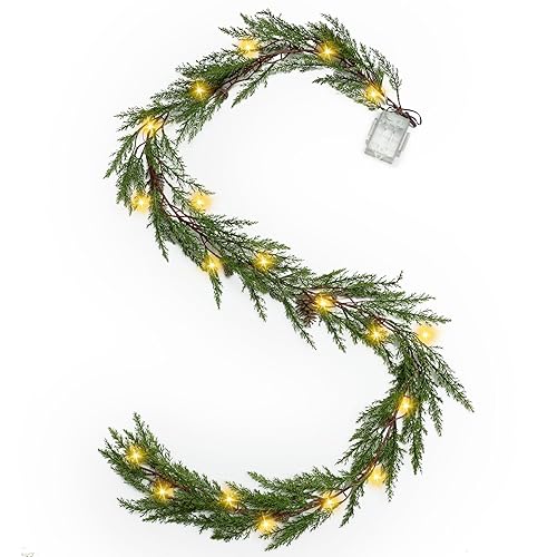 6 Ft Prelit Christmas Garland with Lights, 30 Lights with 8 Modes,Pine Cones,Battery Operated Lighted Garland Christmas,Garland for Mantle, Ceadr Pine Garlands Realistic,Christmas Decorations