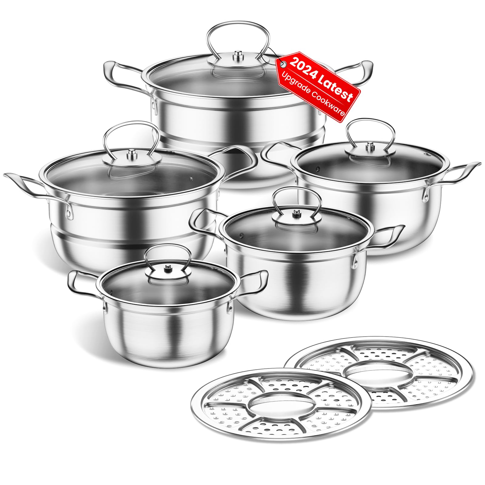 Photo 1 of Stainless Steel Cookware Set, 12 Piece Kitchen Induction Cookware Set, Works with Induction/Electric and Gas Cooktops, Kitchen Cooking Set with Glass Lid (Elegant Silver)