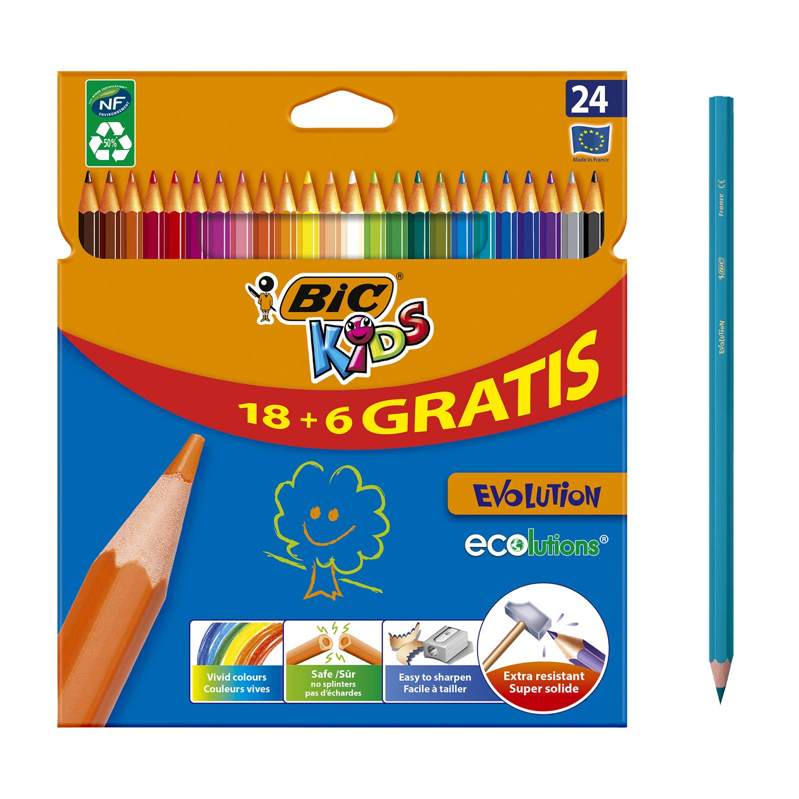 BiC Kids Evolution Ecolutions Colouring Pencils - Multi-Coloured, Value Pack of 18 (Plus 6 Free)
