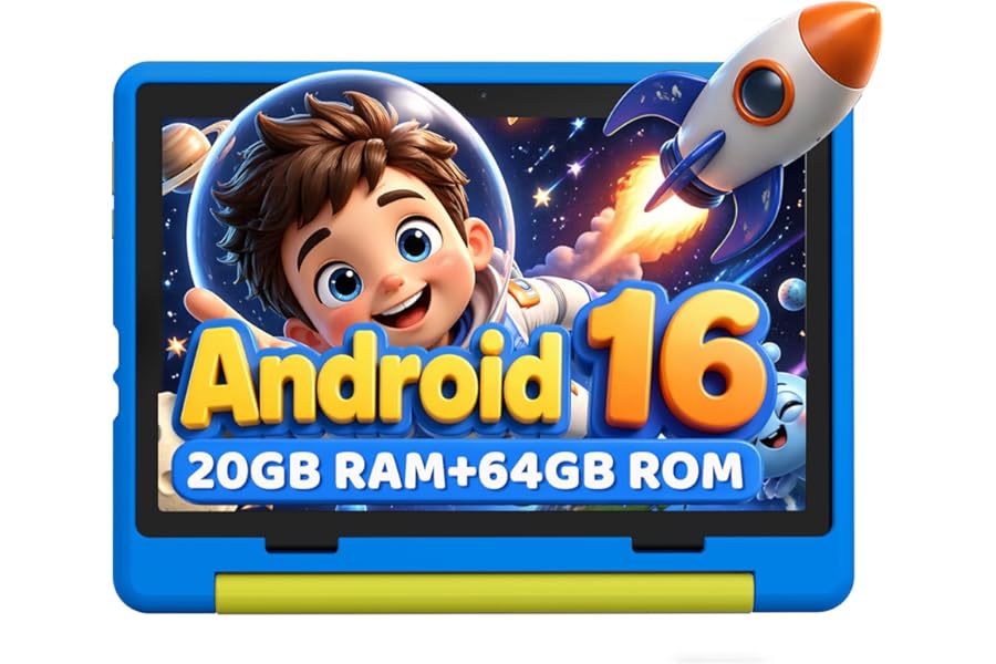 Urao Kids Tablet, Android 16 Tablet for Kids 10 inch with Case, 20GB RAM 64GB ROM 1TB TF Card Expandable for Toddler Children, Parental Control, Dual Camera, WiFi,Gift