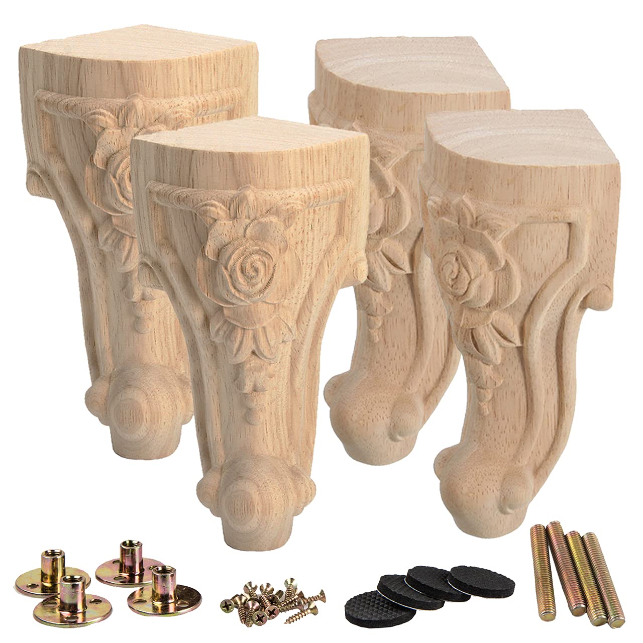 La Vane 8 inch / 20cm Wooden Furniture Legs, Set of 4 European Style Solid Wood Carving Unfinished Furniture Replacement Feet Decoration for Sofa Cabinet Wardrobe Table Loveseat