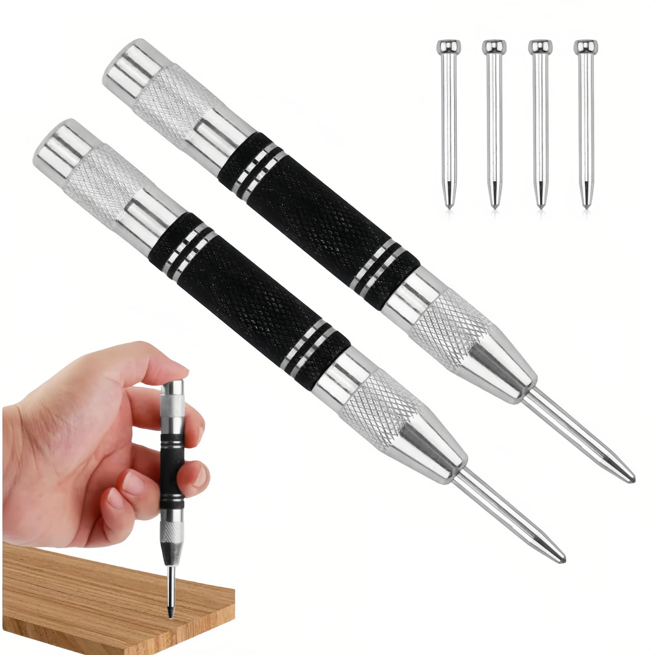 Automatic Center Punch 2PCS, Spring Impact Loaded Center Hole Punch with 4 Replacement Tips, Adjustable Heavy Duty Automatic Center Punch, Metal Centre Punches for Glass Wood Thin Steel Sheets