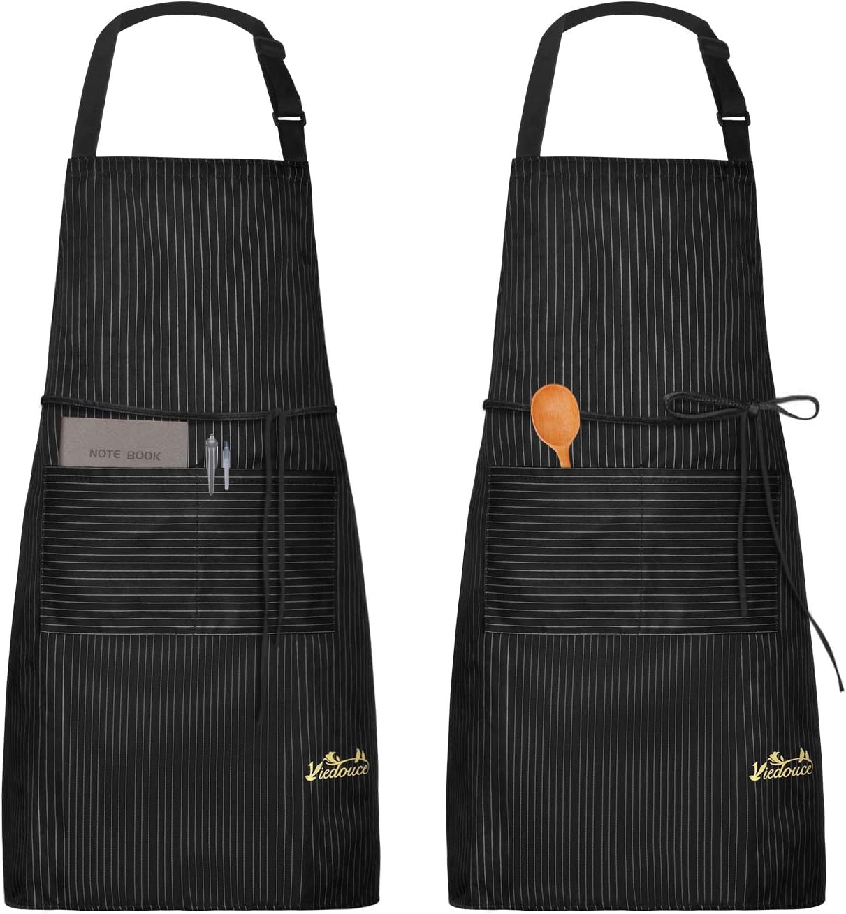 Viedouce 2 Packs Apron Cooking Kitchen Waterproof, Adjustable Chef Apron with Pockets for Home, Restaurant, Craft, Garden, BBQ, School, Coffee House, Apron for Men Women, Striped-Black — image 1