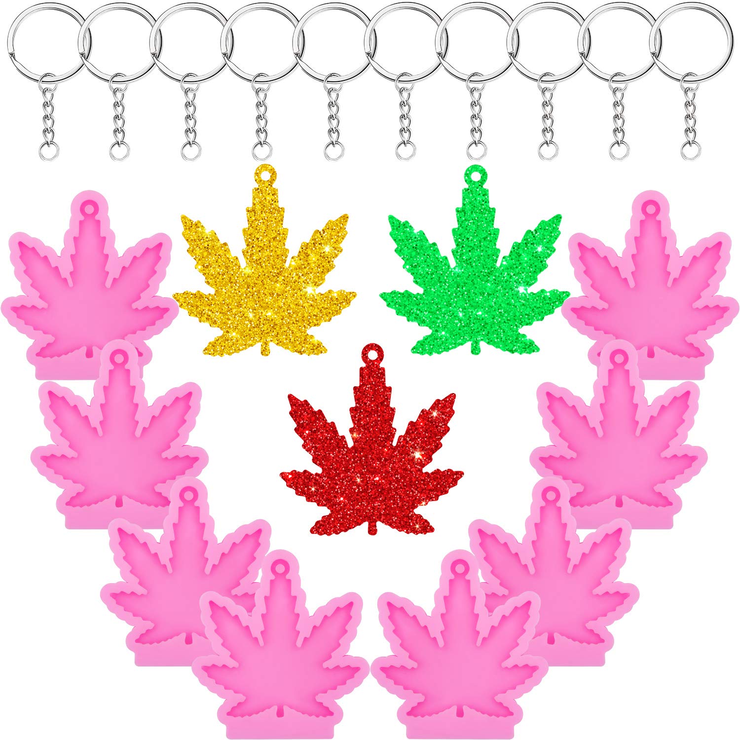 8 Pieces Maple Leaf Silicone Molds Leaves Shaped Keychain Molds Chocolate Candy Clay Moulds and 10 Pieces Key Rings with Chain for Kitchen DIY Baking Crafting Cake Topper Decoration, Pink
