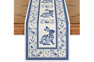 Artoid Mode Blue and White Porcelain Bunny Rabbit Egg 210 GSM Easter Table Runner,Seasonal Kitchen Dining Table Decoration fo