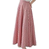 SOMTHRON Women's Retro Plaid Maxi Skirt A Line Pleated Flared Elastic High Waisted Gingham Summer Swing Long Skirt