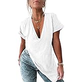 Tankaneo Womens Deep V Neck Short Sleeve T Shirts Summer Oversized Tshirts Casual Loose Fit Tunic Tops
