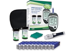 PRODIGY 10500 100ct Test Strips with AutoCode Talking Meter Starter Kit, PRODIGY AutoCode Blood Glucose Talking Meter, No Coding Blood Glucose Test Strips (2 vials of 50ct), Adjustable Depth Lancing Device, Twist Top Lancets 28G (10ct), Carrying Case, Quick Reference Guide, Owner's Manual