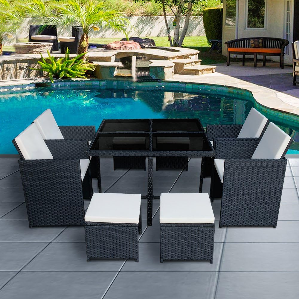 Britoniture Rattan Garden Furniture Set 8 Seater Dining Table and Padded Chairs Stool Outdoor Patio and Conservatory Black