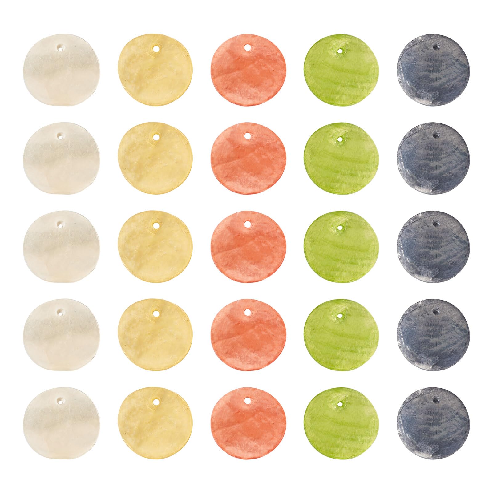Crafans 30Pcs Natural Akoya Shell Charms Flat Round Mother of Pearl Shell Charms 5 Colors 15mm Summer Beach Shell Dangle Jewelry Charms Bulk for DIY Earring Jewelry Making