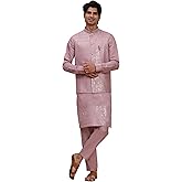 Pro-Ethic Style Developer Men's Cuffed Sleeves Cotton Kurta and Trouser Set with Embroidered Waistcoat (Nehru Jacket) (C-121)