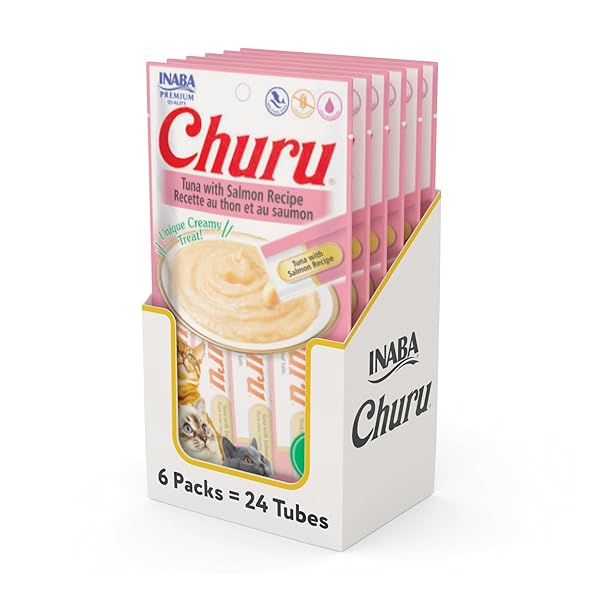 INABA CHURU TUNA WITH SALMON RECIPE LICKABLE CREAMY PURÉE CAT TREATS 24 TUBES