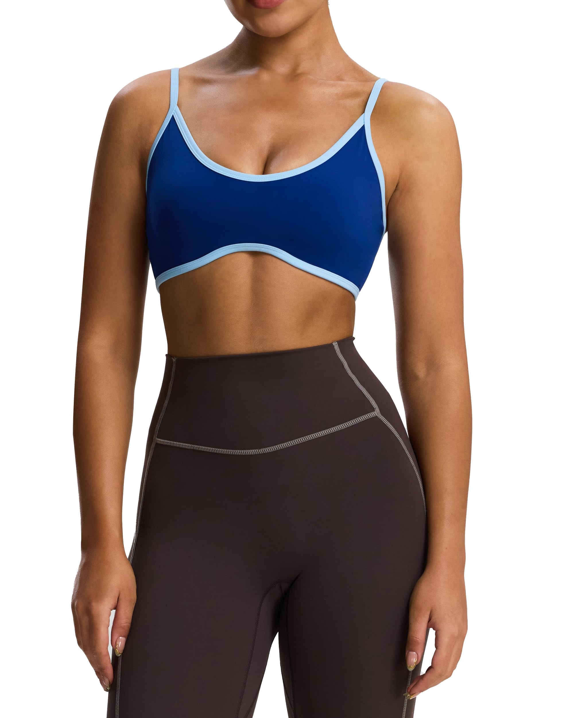 Photo 1 of Aoxjox Women's Color Block Workout Sports Bras Fitness Lexi Lined Strappy Bra Athletic Yoga Crop Tank (Bellwether Blue/Airy Blue, Large)
