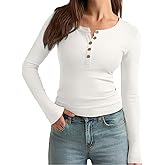 REORIA Women's Henley Long Sleeve T Shirts Button Ribbed Knit Slim Scoop Neck 2025 Fall Fashion Basic Tops