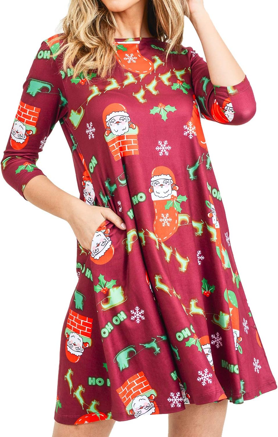 Women’s Printed Crew Neck A-Line Dresses with Pockets Casual Tropical Floral Novelty Animal Christmas Patterns