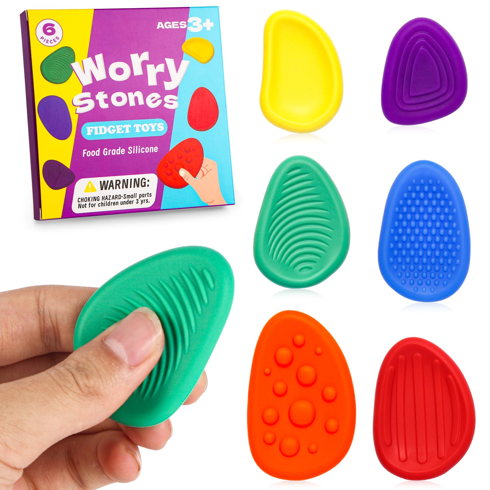 Sensory Worry Stone for Kids, 6 Pcs / Pack Silent Fidget Toys for Classroom, Quiet Fidgets Toy for Students Anxiety Relief