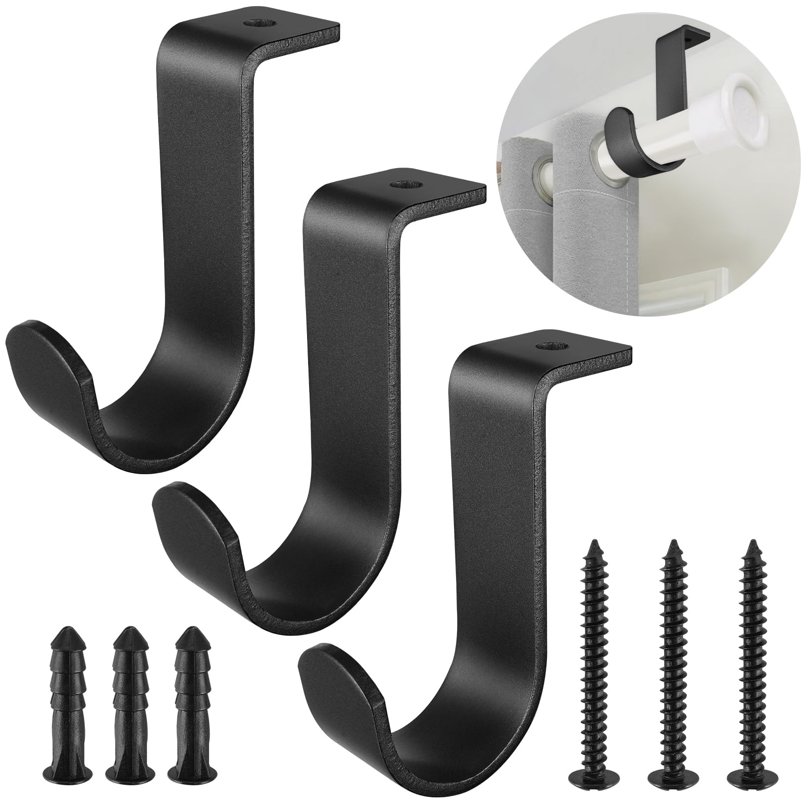 Grevosea 3 Pack Curtain Rod Bracket, Ceiling Curtain Rod Bracket Single Curtain Rod Holders for 1-1/4 Inch Rod Drapery Rod Heavy Duty Curtain Rod Brackets for Living Room Bedroom (Black)