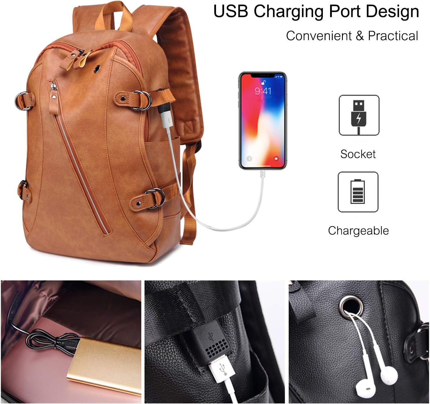 FANDARE Unisex Backpack Casual Daypack for Men Women Teenager School Bag Travel Rucksack High College Bookbag Waterproof Knapsack Outdoor Camping PU Pack Brown A - Image 4
