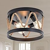 Industrial 3-Light Farmhouse Ceiling Light Fixture with Rope Shade, Rustic Vintage Black Metal Round Ceiling Lamp for Dining 