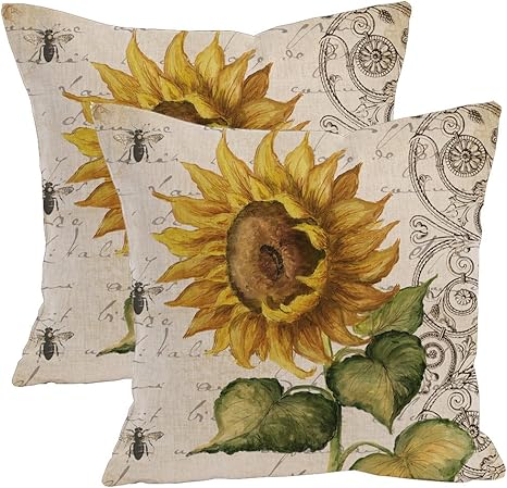 Amazon.com: 2 fundas de almohada decorativas con diseño de girasoles de  pintura al óleo y mezcla de algodón y lino para sofá de 18.0 x 18.0 in, flor  amarilla vibrante vintage con
