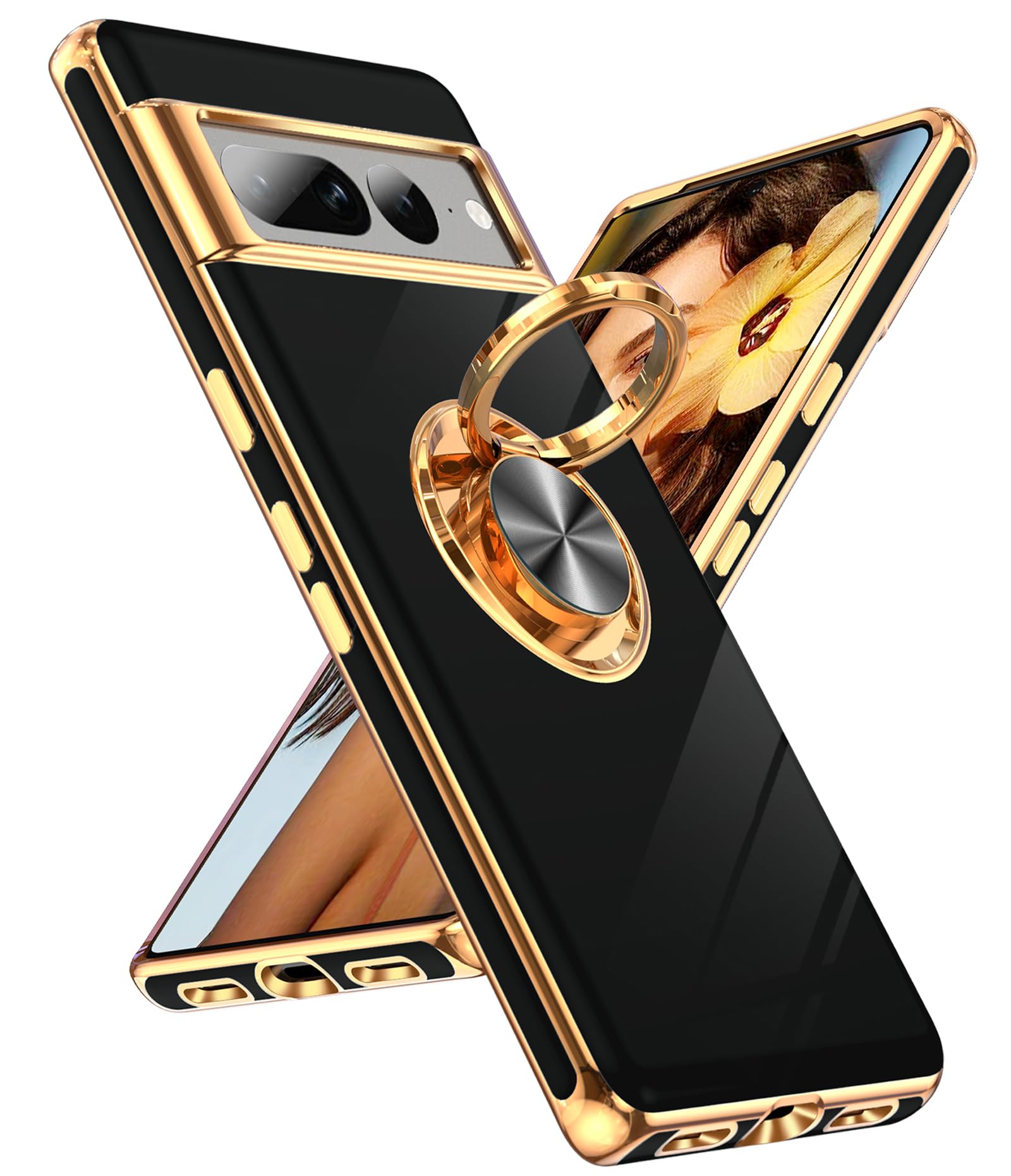 LeYi for Google Pixel-7-Pro Case: 360° Rotatable Ring Holder Magnetic Kickstand, Plating Rose Gold Edge Protective for Google Pixel 7 Pro Case, Black