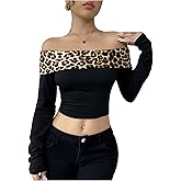 OYOANGLE Women's Leopard Long Sleeve Off The Shoulder Top Slim Fitted Party Date Night Going Out Crop Tops