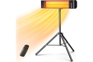 VAGKRI Outdoor Heaters, 1s Heating 1500W Infrared Patio Heater with Remote, 3 Heat Settings, 12H Timer, IP65 Waterproof, Wall Mount/Tripod Stand Electric Heater for Patio, Garage, Garden & Indoor Use
