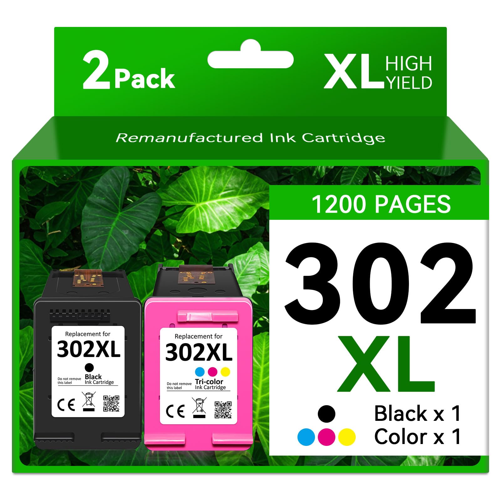 2-Pack 302 302XL Black Colour Ink Cartridges Remanufactured Replacement for DeskJet 3630 1110 2130 3639 3634 3636 3632 2134 Envy 4527 4520 4524 4523 4522 OfficeJet 3831 3832 4650 5230 3833 Printer