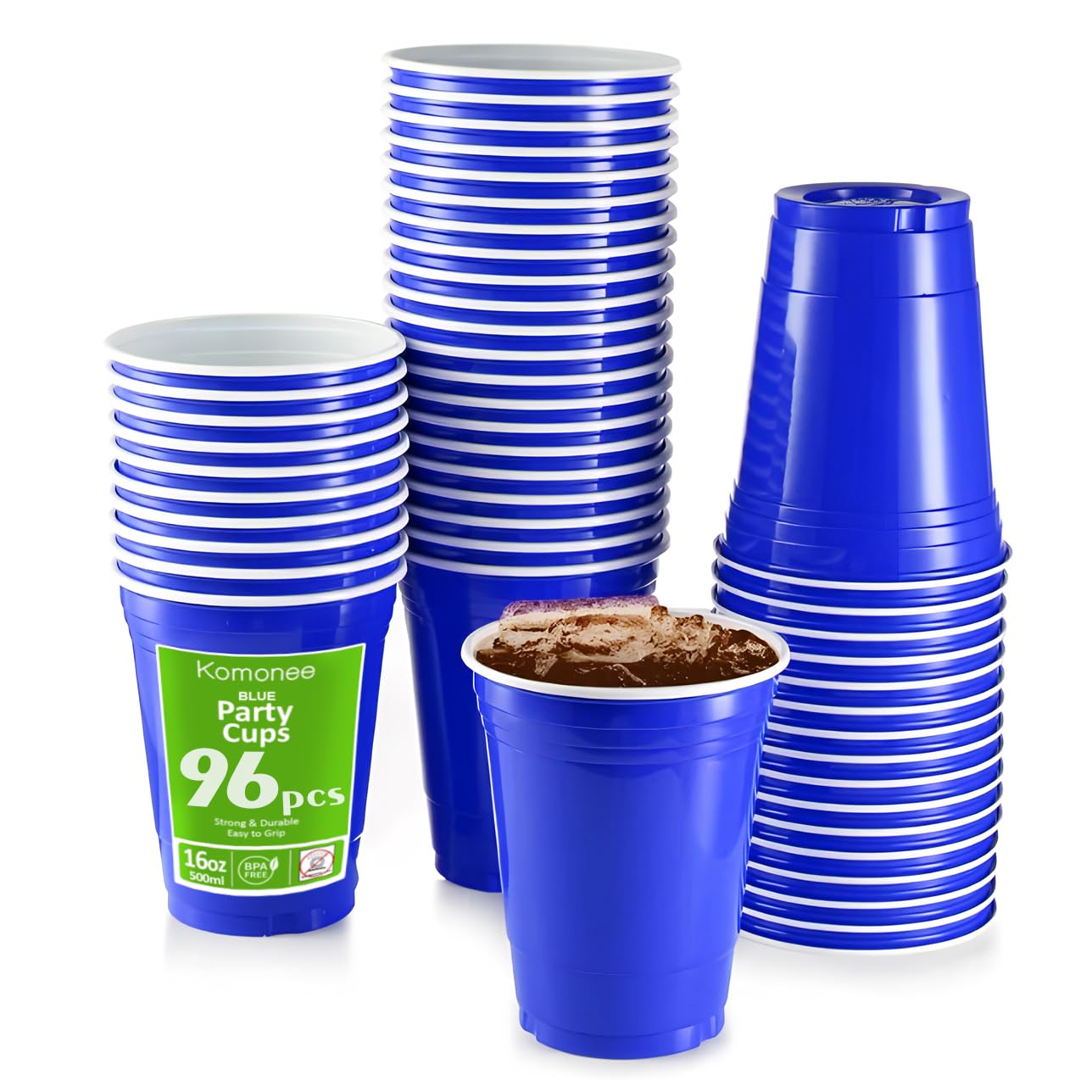 Komonee Blue Cups 16oz 500ml Wide Rimmed Disposable American Superbowl Party Cups USA Adult Novelty Plastic Glass 96pc