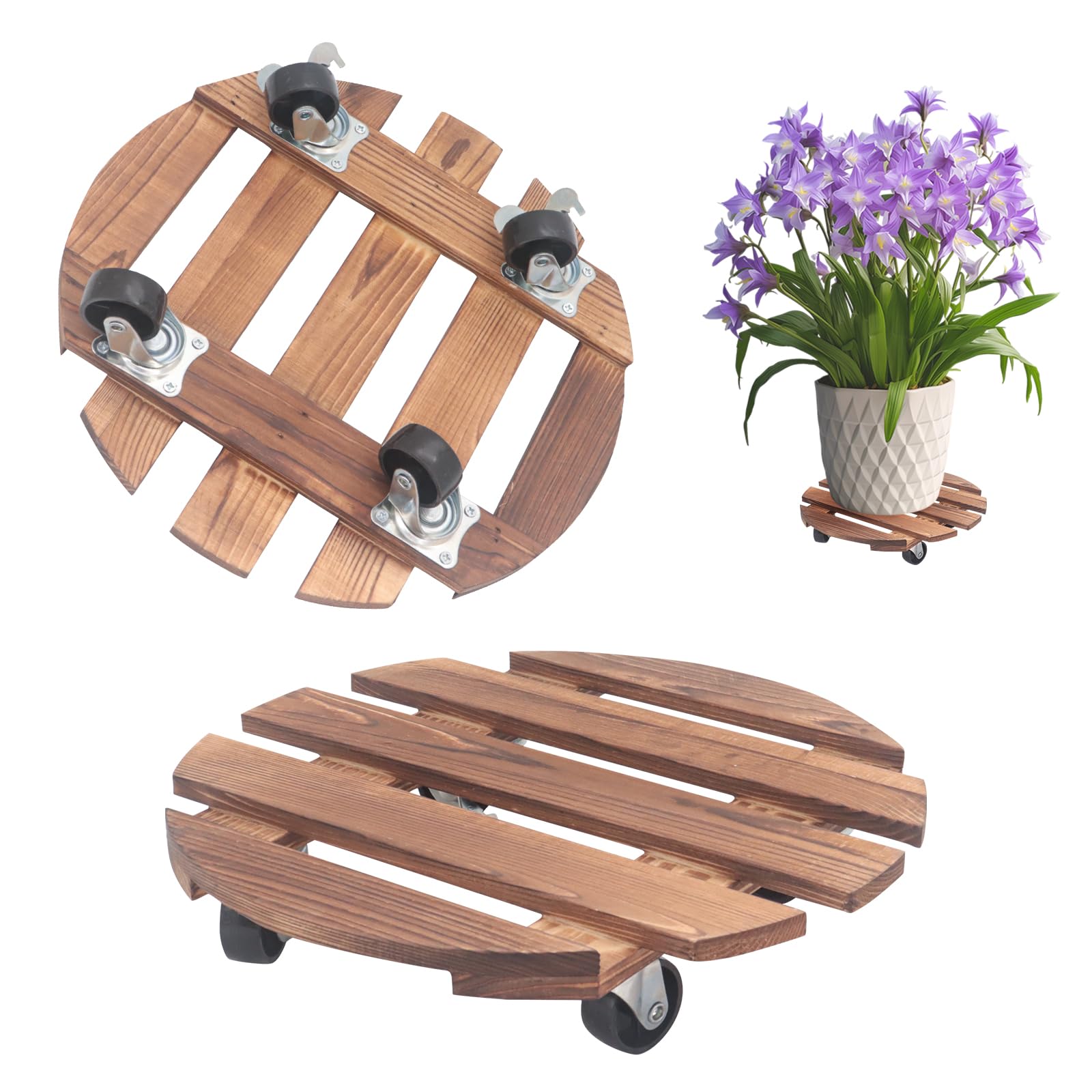 Beowanzk 2 Piece Solid Wood Planter Rack with Lockable 360° Wheels | Heavy Duty Swivel Planter Rack for Indoor/Outdoor Use | Rustic Decorative Planter Base (Natural Wood Finish)