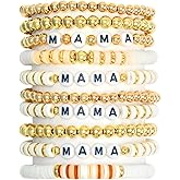 WYVAS MAMA Beaded Stretch Bracelets for Women Bohemian Summer Beach Stackable Polymer Clay Gold Beaded Stretch Bracelets Elastic Layering Friendship Boho Bracelets Set Birthday (10 Pcs)