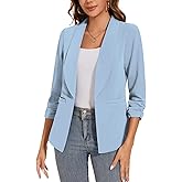 LADI TREND Women Casual Shawl Lapel Work Blazer Ruched 3/4 Sleeve Open Front Business Office Suit Jackets with Pockets