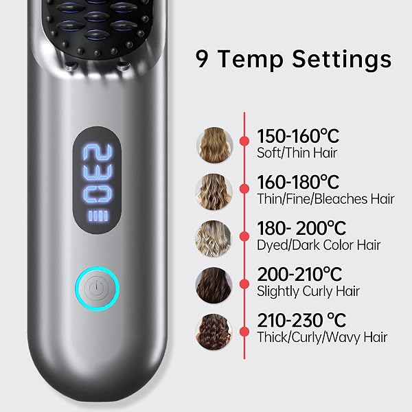 CORDLESS HAIR STRAIGHTENER BRUSH – PORTABLE STRAIGHTENER BRUSH WITH 9 TEMP SETTINGS, MINI STRAIGHTENING COMB FOR TRAVEL, 9600MAH RECHARGEABLE BATT & 224 MILLION NEGATIVE IONS (GREY)
